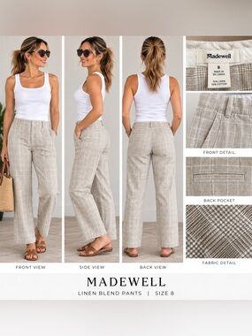 Madewell Women's Linen Blend Plaid Pants — Light Taupe 0